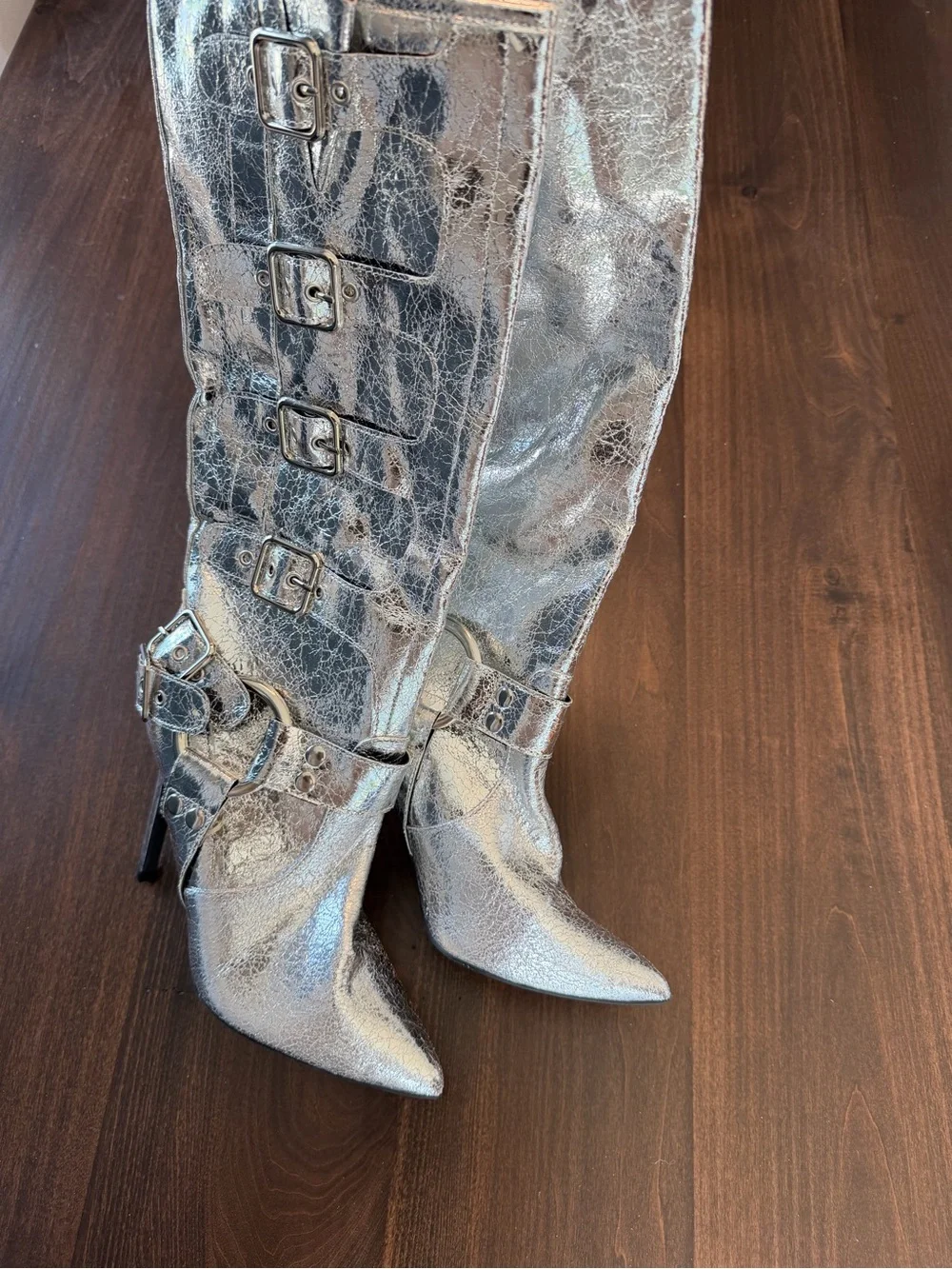 Wild Diva Metallic Silver Knee High Buckle Stiletto Boots
